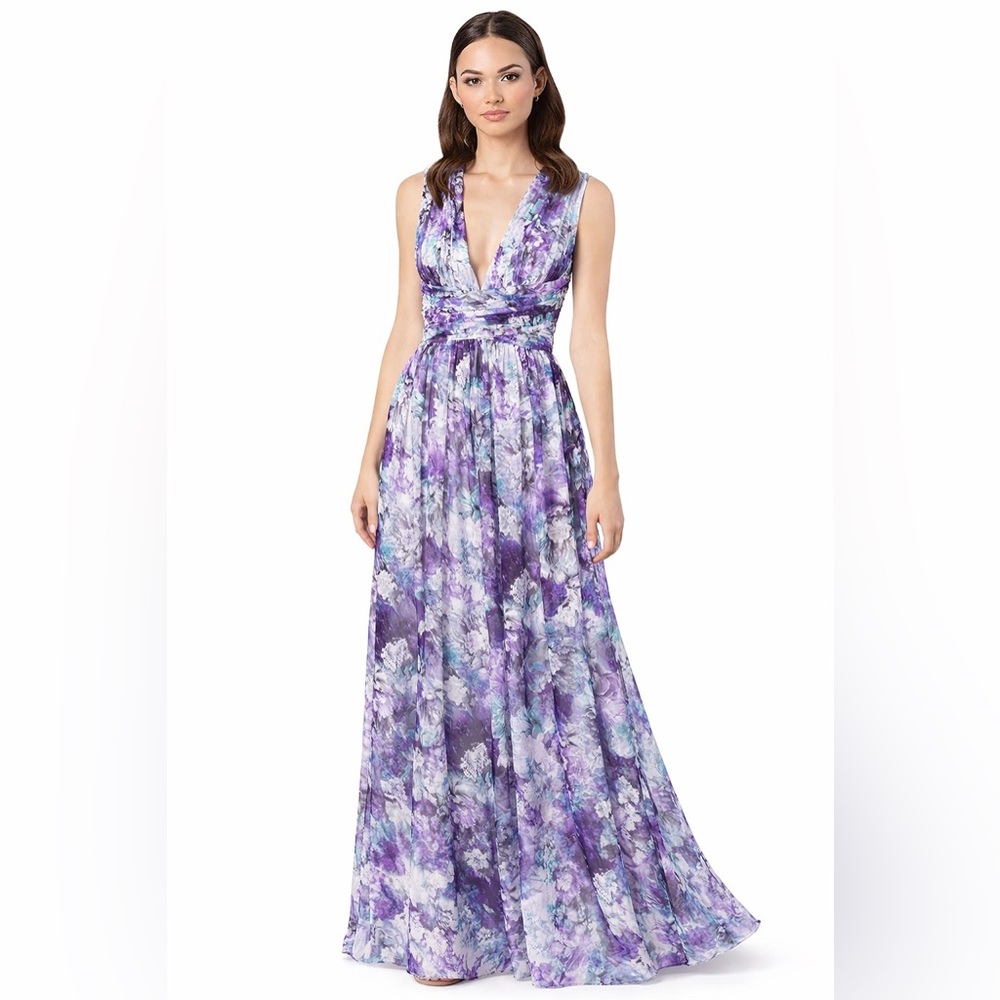 Dress the Population Jaclyn Floral Pleated A Line Maxi Gown Purple Blue Size M